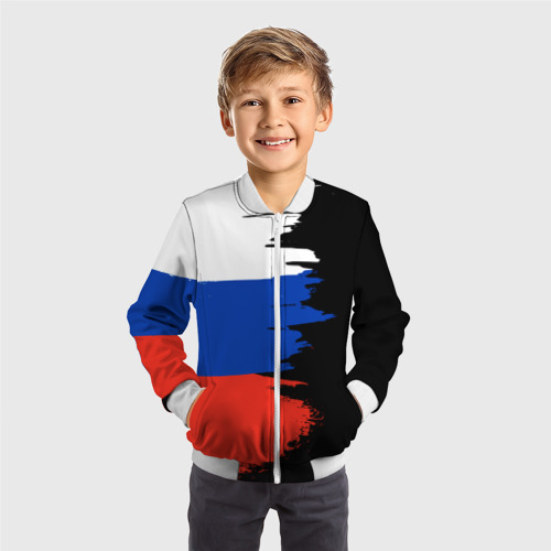 Детский бомбер 3D Российский триколор на темном фоне, цвет белый - фото 4