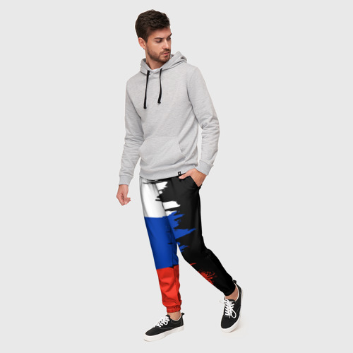Мужские брюки 3D Российский триколор на темном фоне, цвет 3D печать - фото 3
