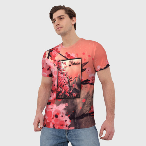 Мужская футболка 3D с принтом Красная Сакура Red Sakura, фото на моделе #1