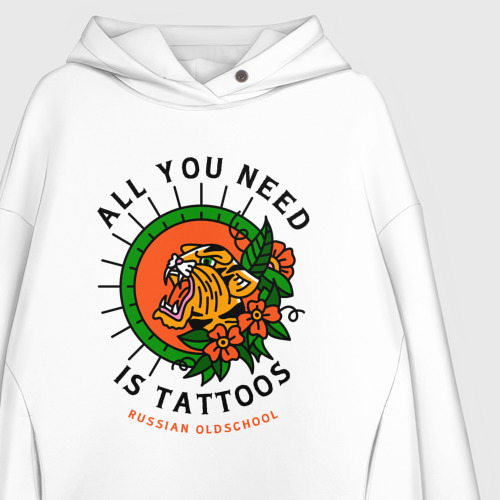 Женское худи Oversize хлопок All You Need Is Tattoos Татуировка Тигра, цвет белый - фото 3