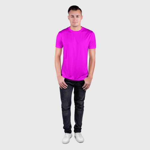 Мужская футболка 3D Slim с принтом Однотонный розовый неоновый Пион, вид сбоку #3