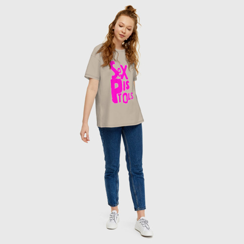 Женская футболка хлопок Oversize Огромная надпись Sex Pistols, цвет миндальный - фото 5