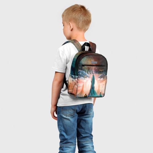 Детский рюкзак 3D с принтом Stellaris космические корабли на фоне башни, фото на моделе #1