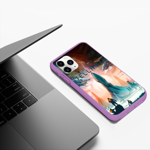 Чехол для iPhone 11 Pro Max матовый Stellaris космические корабли на фоне башни, цвет фиолетовый - фото 5