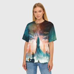 Женская футболка oversize 3D Stellaris космические корабли на фоне башни - фото 2
