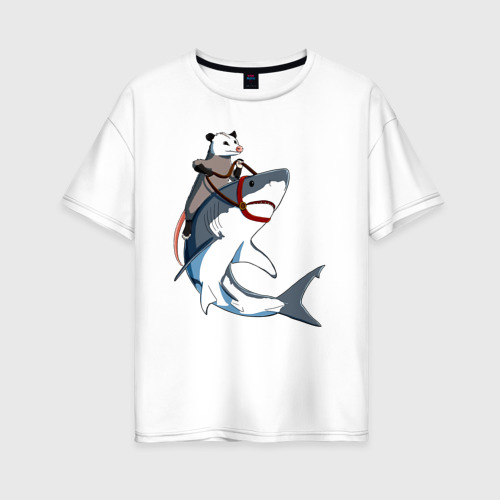Женская футболка из хлопка оверсайз с принтом Опоссум верхом на акуле, вид спереди №1