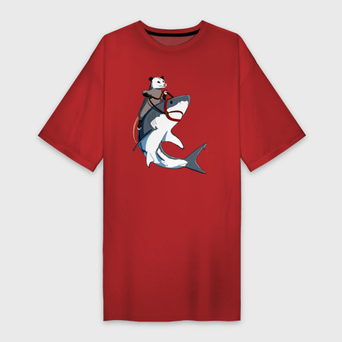 Платье-футболка хлопок Опоссум верхом на акуле, цвет красный