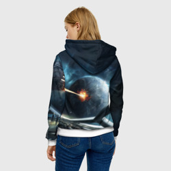 Толстовка с принтом Stellaris взрыв звезды лучом с космического корабля для женщины, вид на модели сзади №2. Цвет основы: белый