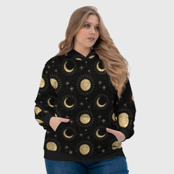 Толстовка с принтом Солнце луна звезды ночное небо космос астрономия для женщины, вид на модели спереди №4. Цвет основы: черный