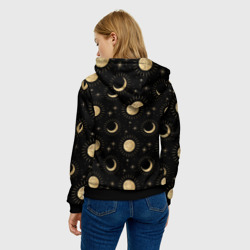 Толстовка с принтом Солнце луна звезды ночное небо космос астрономия для женщины, вид на модели сзади №2. Цвет основы: черный