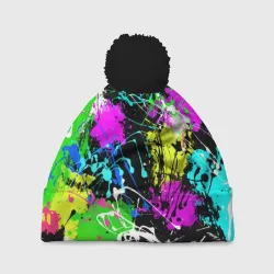 Шапка 3D c помпоном Разноцветные пятна краски на черном фоне