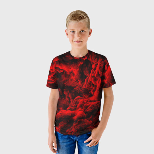 Детская футболка 3D с принтом Красный дым / Red Smoke / Красные облака, фото на моделе #1