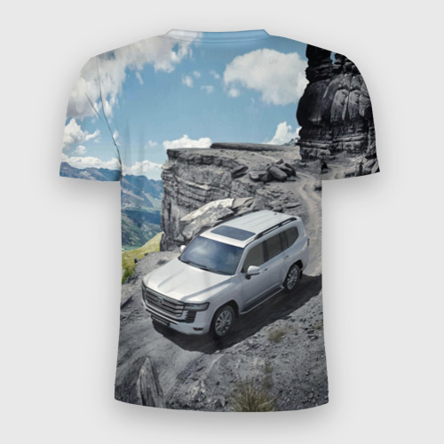 Мужская футболка 3D Slim с принтом Toyota land cruiser 300 - горная дорога, вид сзади #1