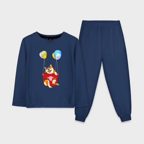 Детская пижама с лонгсливом хлопок Сиба летит на шариках, цвет темно-синий