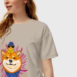 Женская футболка хлопок Oversize Сиба c банданой и уткой на голове - фото 2