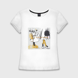 Женская футболка хлопок Slim Мама и дочка с  мороженым  держатся за руки (надпись together)