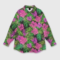 Мужская рубашка oversize 3D Тропические листья и цветы на черном фоне