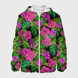 Мужская куртка 3D Тропические листья и цветы на черном фоне