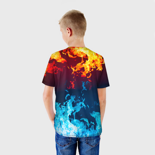 Детская футболка 3D с принтом Лед и Пламя Борьба стихий, вид сзади #2