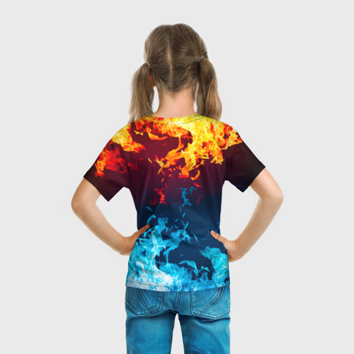 Детская футболка 3D с принтом Лед и Пламя Борьба стихий, вид сзади #2