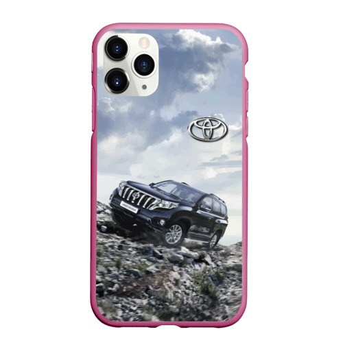 Чехол для iPhone 11 Pro Max матовый Toyota Land Cruiser Prado на скальных камнях Mountains, цвет малиновый