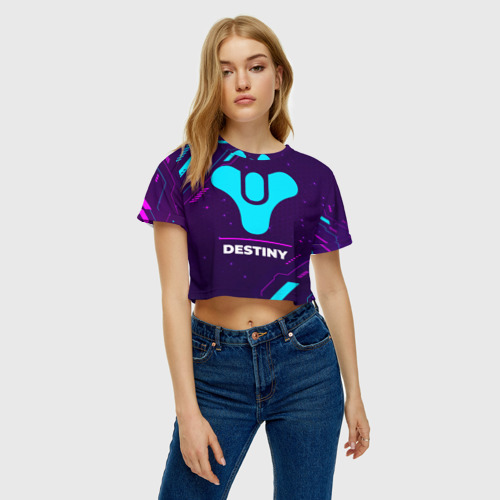 Женская футболка Crop-top 3D Символ Destiny в неоновых цветах на темном фоне, цвет 3D печать - фото 3