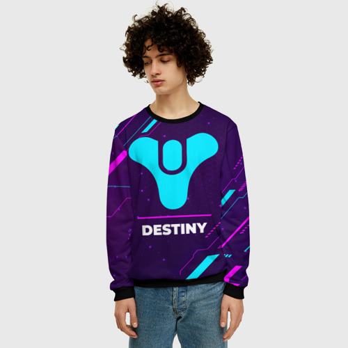 Мужской свитшот 3D с принтом Символ Destiny в неоновых цветах на темном фоне, фото на моделе #1