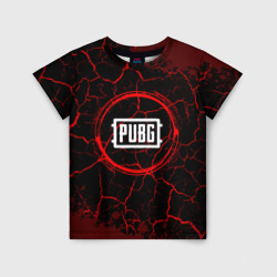 Детская футболка 3D Символ PUBG и краска вокруг на темном фоне