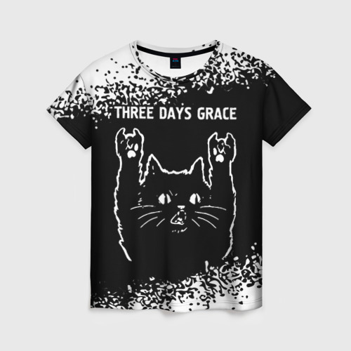 Женская футболка 3D с принтом Группа Three Days Grace и Рок Кот, вид спереди #2