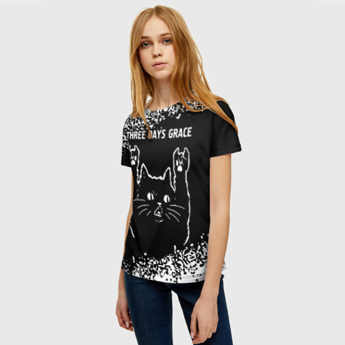Женская футболка 3D с принтом Группа Three Days Grace и Рок Кот, фото на моделе #1