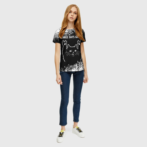 Женская футболка 3D с принтом Группа Three Days Grace и Рок Кот, вид сбоку #3