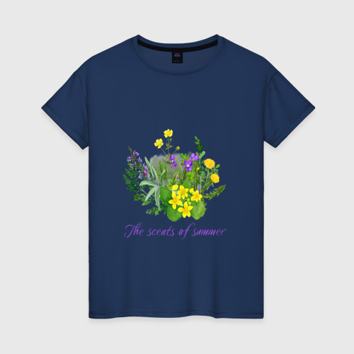 Женская футболка хлопок Ароматы лета полевые цветы лето, цвет темно-синий