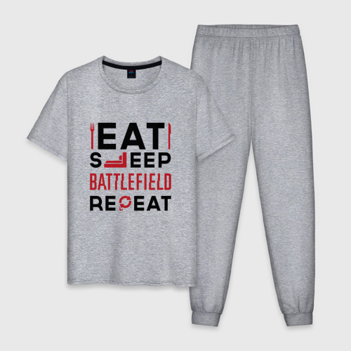 Мужская пижама хлопок с принтом Надпись: Eat Sleep Battlefield Repeat, вид спереди #2