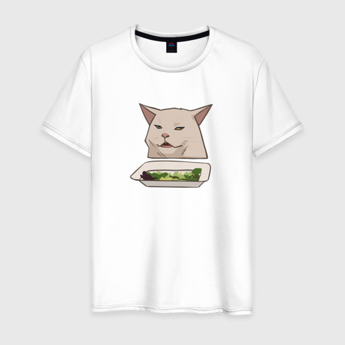 Мужская футболка из хлопка с принтом Кот с салатом из мема, вид спереди №1