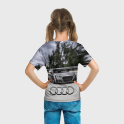 Футболка с принтом Ауди на скоростном шоссе Audi on the expressway для ребенка, вид на модели сзади №3. Цвет основы: белый