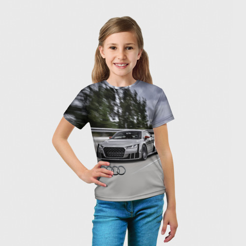 Детская футболка 3D с принтом Ауди на скоростном шоссе Audi on the expressway, вид сбоку #3