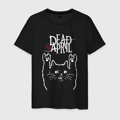 Мужская футболка из хлопка с принтом Dead by April Рок кот, вид спереди №1