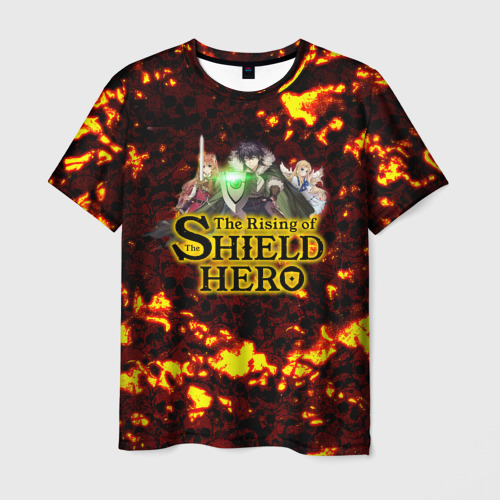 Мужская футболка с принтом The Rising of the Shield Hero персонажи на фоне черепов в огне, вид спереди №1