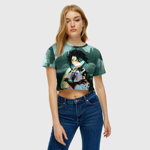 Женская футболка Crop-top 3D Адепт Сяо Genshin Impact, цвет 3D печать - фото 3