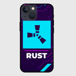 Чехол для iPhone 13 mini Символ Rust в неоновых цветах на темном фоне