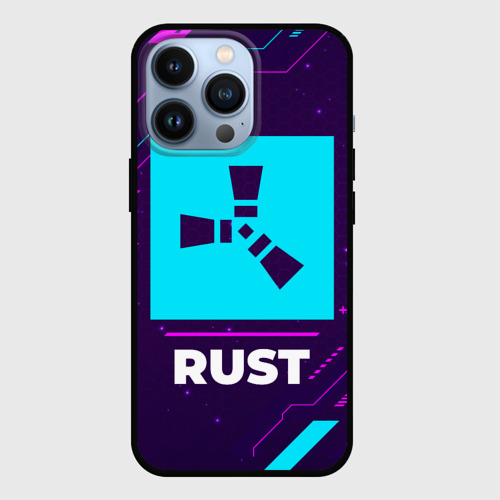 Чехол для iPhone 13 Pro Символ Rust в неоновых цветах на темном фоне