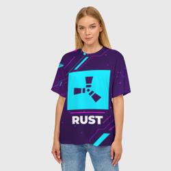 Женская футболка oversize 3D Символ Rust в неоновых цветах на темном фоне - фото 2