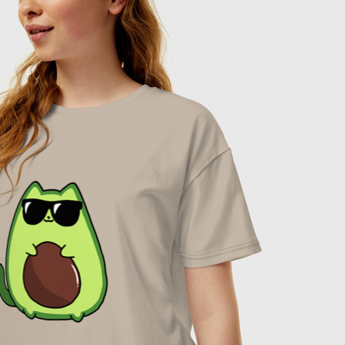 Женская футболка хлопок Oversize Avo cat o в очках, цвет миндальный - фото 3