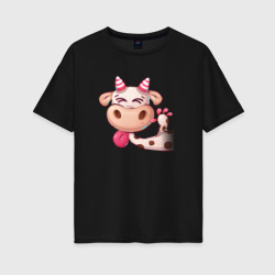 Женская футболка хлопок Oversize Корова с высунутым языком