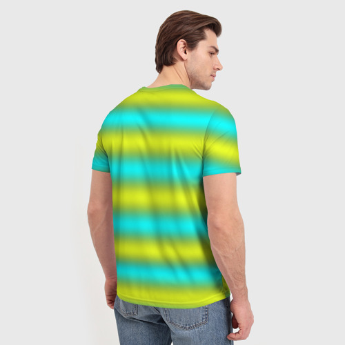 Мужская футболка 3D с принтом Бирюзово-желтые неоновые полосы, вид сзади #2