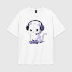 Женская футболка Oversize хлопок texturе Котёнок игроман The kitten is a gamer
