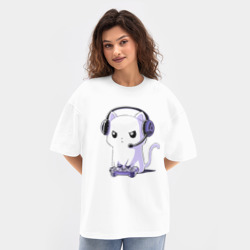Женская футболка Oversize хлопок texturе Котёнок игроман The kitten is a gamer - фото 2