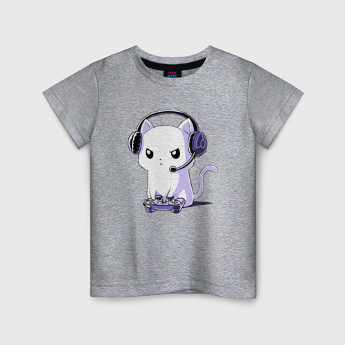 Детская футболка хлопок Котёнок игроман The kitten is a gamer, цвет меланж