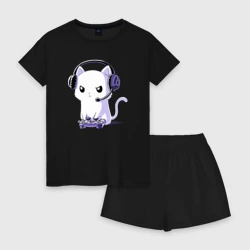 Женская пижама с шортиками хлопок Котёнок игроман The kitten is a gamer