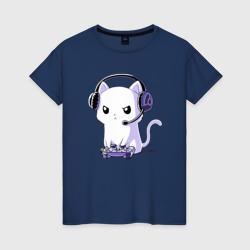 Женская футболка хлопок Котёнок игроман The kitten is a gamer